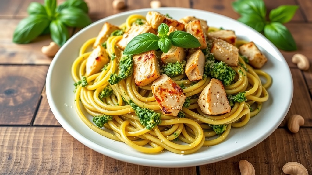 Delicious Pesto Chicken Pasta Recipe A plate of Pesto Chicken Pasta with chicken, pesto sauce, and Parmesan cheese, garnished with basil, on a rustic wooden table.